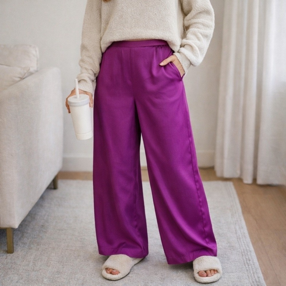Bryn Walker Pants Womens M Wide Leg Silky Satin Cupro Lagenlook Purple Medium - Picture 2 of 12